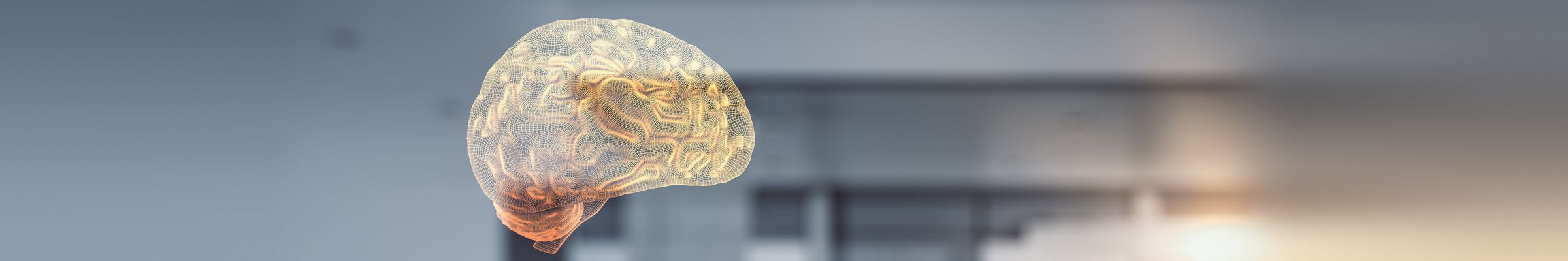 A person in a suit with a glowing wireframe brain in place of a head